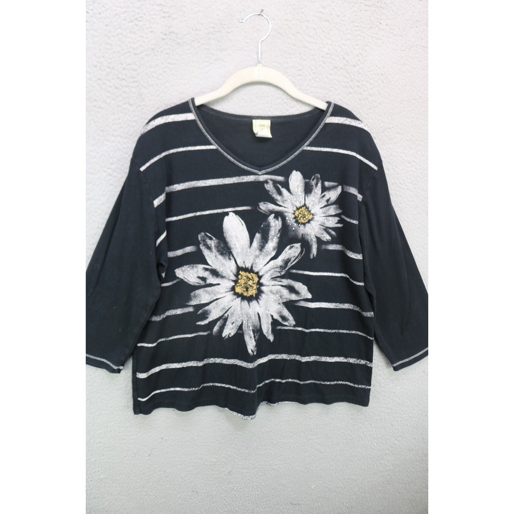 Jess & Jane 3/4 Sleeve Cotton Tunic-Rhinestones-Dark Florals-Size XL-Whimsigoth